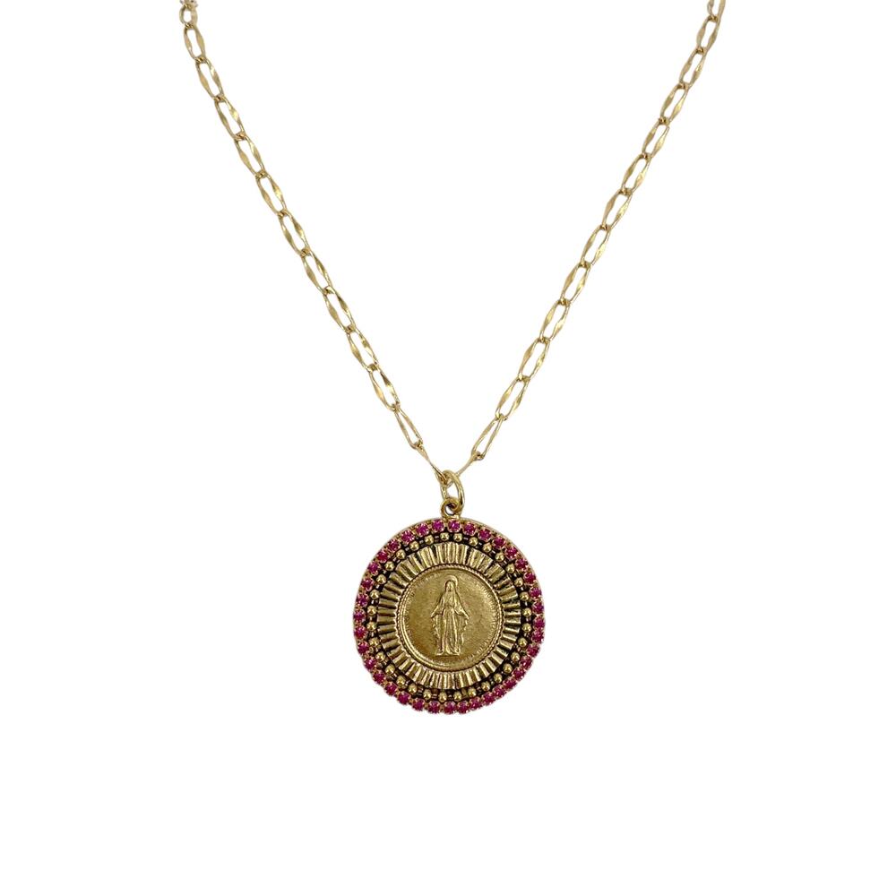 VIRGINS SAINTS & ANGELS VSA Disco Virgin Charm Necklace Gold & Fuchsia